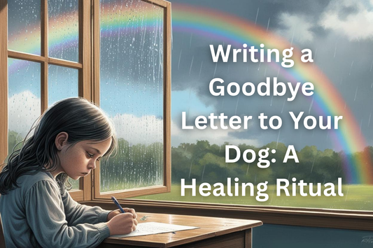 A girl writing a letter in front of a window with a rainbow in the background