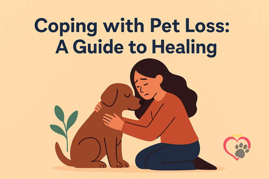 An animated woman hugging her animated dog. Coping with Pet Loss A Guide to Healing written above.