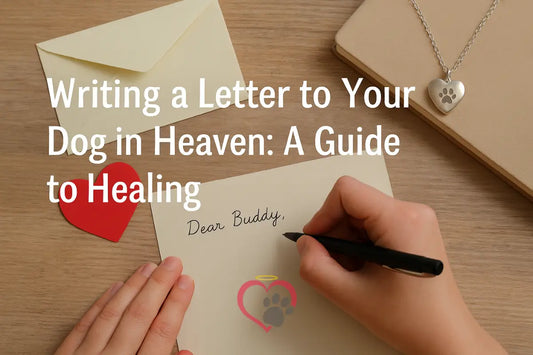 A hand writing a letter to a dog who has passed away