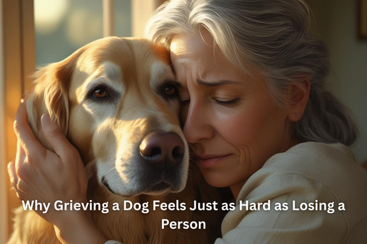 An older woman hugging her old Golden Retriever