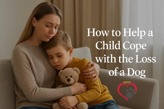 A mother holding her son who holds a teddy bear. Titled"How to Help a Child Cope with the Loss of a Dog"