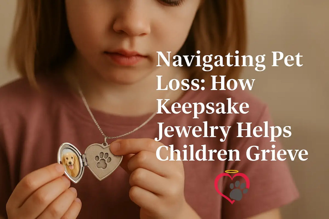 A child holding a heart shaped necklace with a dog paw print and a picture of a dog. Titled "Navigating Pet Loss: How Keepsake Jewelry Helps Children Grieve"