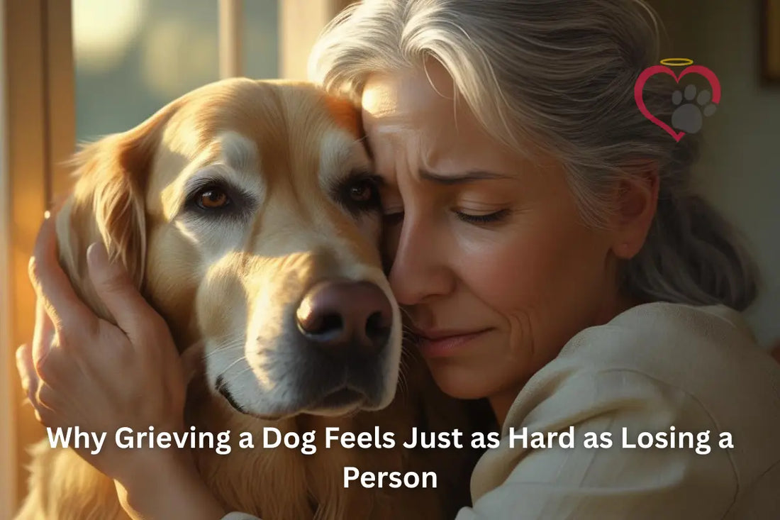 An older woman with white hair hugging her older dog
