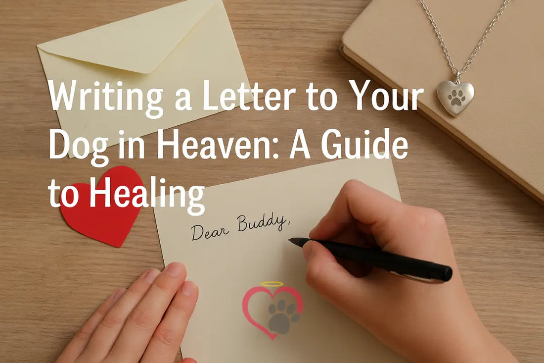 A hand writing a letter to a dog who has passed away