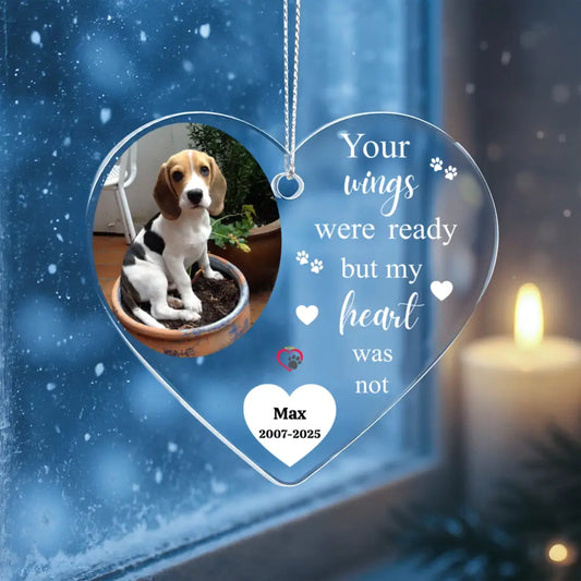 Custom dog memorial heart ornament with uploaded pet photo and personalized name 