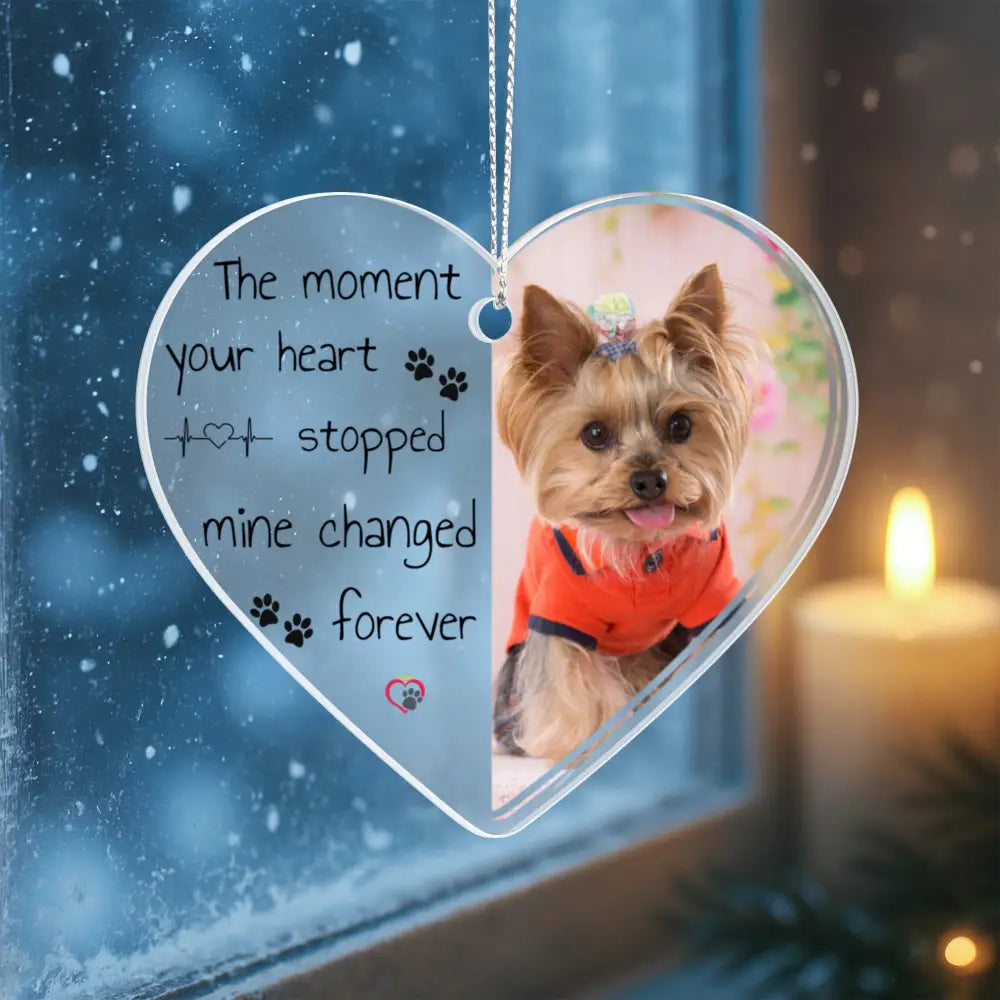 “Acrylic heart dog remembrance ornament hanging as pet loss memorial décor”
