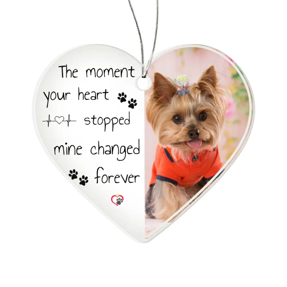 “Custom dog memorial ornament with personalized photo and name on acrylic heart”