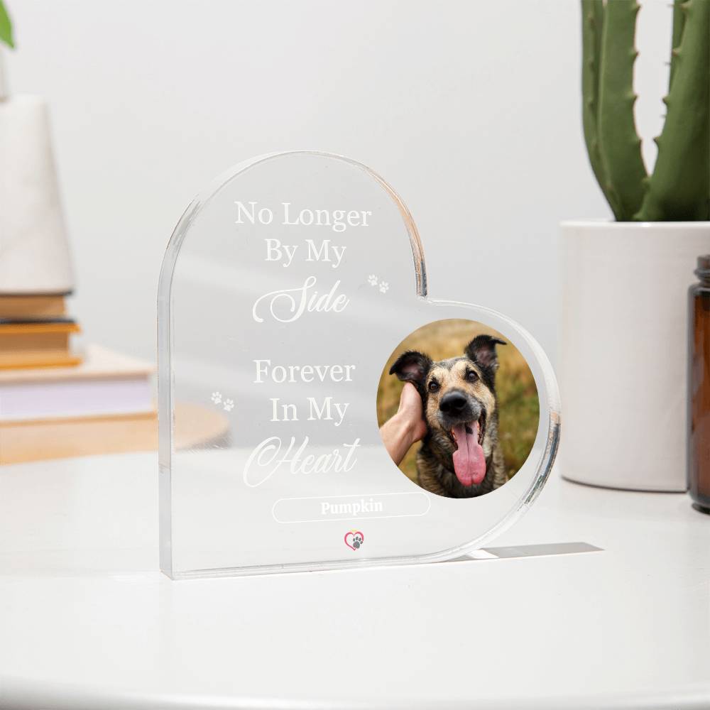 Dog memorial premium acrylic heart block displayed on shelf as remembrance décor