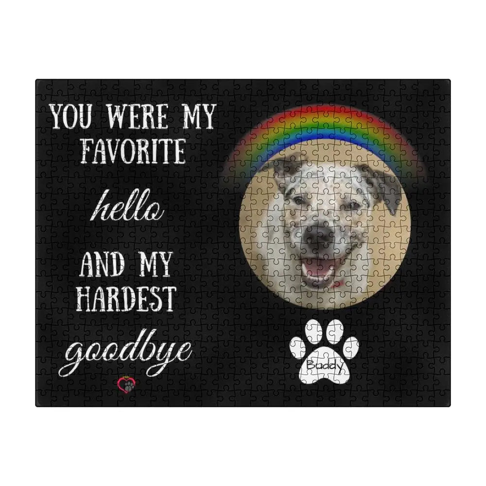“Close-up of sturdy puzzle pieces printed with dog’s photo and remembrance quote”