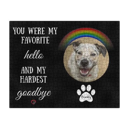 “Personalized 16×20 dog memorial puzzle with the quote You were my favorite hello and my hardest goodbye”