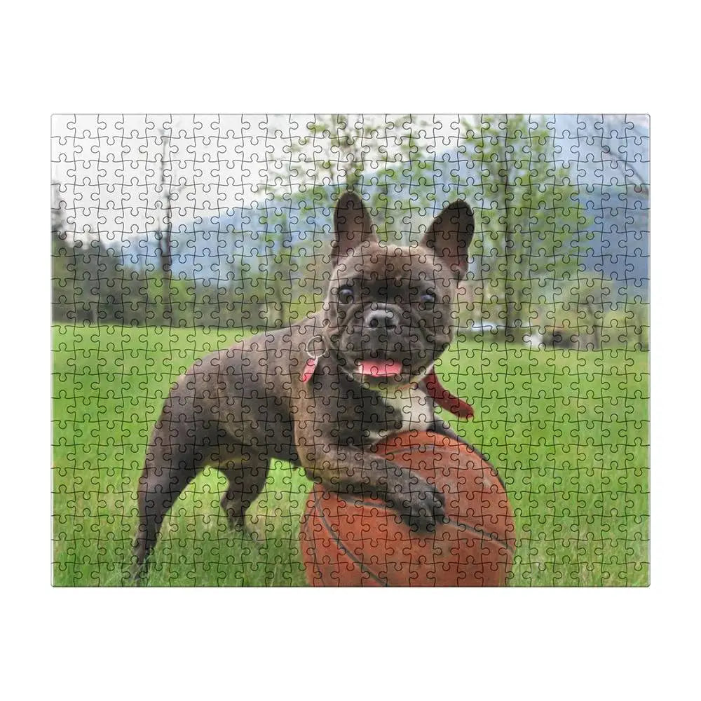 "Close-up of sturdy 16×20 puzzle pieces printed with custom dog photo"