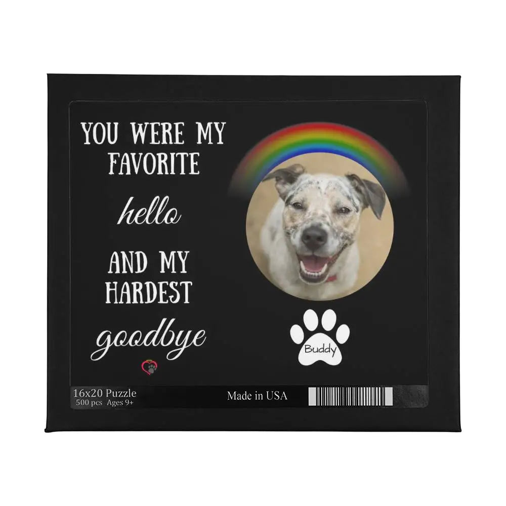 “Hands assembling custom dog memorial puzzle piece by piece with emotional remembrance quote”