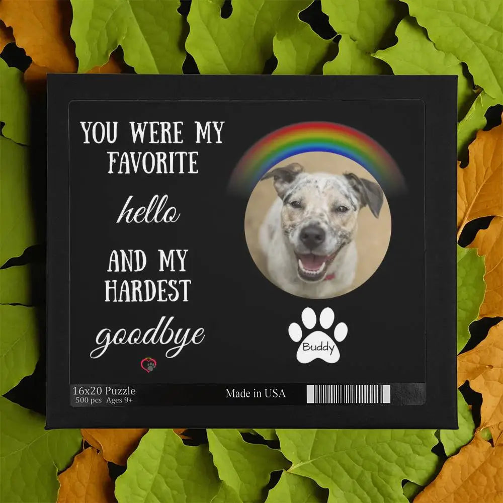 “Finished 16×21 dog memorial puzzle featuring uploaded pet photo and memorial message”