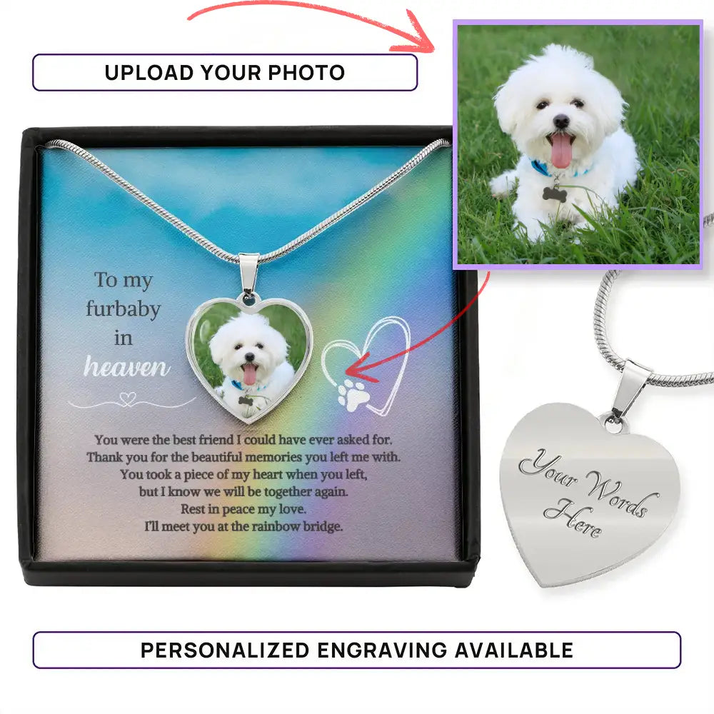 To My Furbaby in Heaven Photo Heart Necklace – Personalized Dog Memorial Keepsake - Jewelry
